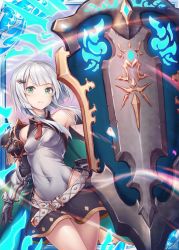 Rule 34 | 1girl, akkijin, armor, armpits, bare shoulders, belt, breasts, gem (symbol), elbow gloves, gloves, green eyes, hair ornament, holding, holding shield, leotard, looking at viewer, official art, shield, shinkai no valkyrie, short hair, skirt, small breasts, white hair, white leotard, white skirt