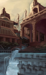 Rule 34 | asutora, cityscape, dust, highres, no humans, original, plant, ruins, scenery, sky, stairs, underwater city, water