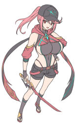 Rule 34 | adapted costume, breasts, feichu keju, hat, katana, large breasts, pyra (xenoblade), red eyes, red hair, sword, unfinished, weapon, xenoblade chronicles (series), xenoblade chronicles 2