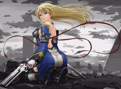 Rule 34 | 1girl, alternate hairstyle, arc system works, ass, back, backless outfit, bare back, bare shoulders, black thighhighs, blazblue, blonde hair, boots, breasts, building, cloud, covered erect nipples, detached sleeves, dress, dual wielding, floating hair, full body, gloves, green eyes, gun, hair down, handgun, hands on own hips, holding, holding weapon, jewelry, kimura shigetaka, knee boots, kneeling, large breasts, long hair, looking at viewer, looking back, neck ring, noel vermillion, official art, parted lips, ribbon, rubble, ruins, scenery, shigetaka kimura, short dress, sideboob, sky, skyscraper, solo, taut clothes, taut dress, thighhighs, trefoil, weapon, white gloves, wind, zettai ryouiki