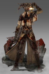 Rule 34 | 1boy, blood, bloodborne, boots, cloak, from software, full body, gradient background, hat, henryk (bloodborne), hunter (bloodborne), male focus, penicillin09, saw, saw cleaver, short hair, solo, swept bangs, weapon