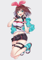 Rule 34 | 1girl, belt, blue eyes, bow, bracelet, brown hair, crop top, fingerless gloves, gloves, hair bow, jacket, jewelry, kizuna ai, kizuna ai (a.i. games), kizuna ai inc., looking at viewer, official alternate costume, pink bow, pouch, shoes, short shorts, shorts, simple background, smile, solo, thigh strap, virtual youtuber