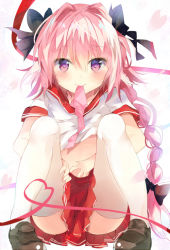 Rule 34 | 1boy, astolfo (fate), astolfo (sailor paladin) (fate), bad id, bad pixiv id, blush, braid, fang, fate/apocrypha, fate/grand order, fate (series), hair intakes, hair ribbon, long hair, looking at viewer, male focus, neckerchief, official alternate costume, open mouth, pink hair, pleated skirt, ponika, purple eyes, ribbon, school uniform, serafuku, single braid, skirt, smile, solo, thighhighs, trap