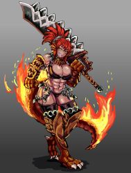 Rule 34 | 1girl, abs, alternate costume, bikini, chain, claws, dark-skinned female, dark skin, flame-tipped tail, full body, gauntlets, highres, holding, holding weapon, jewelry, lizard tail, looking at viewer, monster girl, monster girl encyclopedia, necklace, orange eyes, red hair, reptile girl, salamander (monster girl encyclopedia), scales, simple background, smug, solo, standing, swimsuit, sword, tail, thighhighs, udetamago, weapon