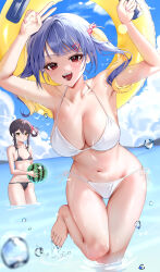 Rule 34 | 2girls, absurdres, arms up, ball, bare arms, bare shoulders, beachball, bikini, bird, black bikini, black hair, blonde hair, blue hair, blue sky, blush, breasts, bubble, cloud, cloudy sky, commentary request, day, educk, feet, floating hair, hair ornament, hairclip, halterneck, highres, holding, holding ball, holding beachball, innertube, large breasts, long hair, looking at viewer, multicolored hair, multiple girls, navel, ocean, open mouth, original, outdoors, red eyes, sharp teeth, side-tie bikini bottom, simple bird, sky, smile, solo focus, standing, standing on one leg, stomach, string bikini, swim ring, swimsuit, teeth, thigh gap, toes, two-tone hair, two side up, v, wading, water, white bird
