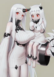 Rule 34 | 2girls, abyssal ship, bare shoulders, black horns, blush, breasts, claws, closed mouth, detached sleeves, dress, flat chest, grey background, highres, horns, kantai collection, large breasts, long hair, looking at viewer, mittens, multiple girls, northern ocean princess, pale skin, parted lips, porupurucha, red eyes, seaport princess, simple background, single horn, smile, white dress, white hair, white mittens, white sleeves