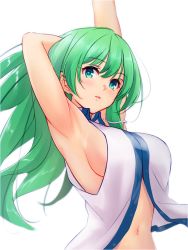 Rule 34 | 1girl, arm behind head, armpits, arms up, bare shoulders, blush, breasts, commentary request, eyebrows, eyelashes, from side, green eyes, green hair, hair ornament, kochiya sanae, large breasts, long hair, looking at viewer, looking to the side, navel, open clothes, open vest, parted lips, sideboob, simple background, snake hair ornament, solo, stomach, stretching, tohoho (hoshinoyami), touhou, upper body, vest, white background, white vest