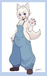 Rule 34 | 1girl, :3, absurdres, animal ears, blue overalls, bone hair ornament, breasts, character request, collar, copyright request, fang, furry, furry female, hair ornament, highres, looking at viewer, medium breasts, naked overalls, open mouth, overalls, purple eyes, ryuusui arumo, short hair, sideboob, smile, solo, tail, white hair, wolf ears, wolf girl, wolf tail