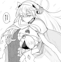 Rule 34 | 1girl, absurdres, akitokage, anastasia (fate), breasts, cleavage, cloak, doll, fate/grand order, fate (series), fur-trimmed cloak, fur trim, greyscale, hair over one eye, hairband, highres, huge breasts, jewelry, long hair, monochrome, neck ring, necklace, pendant, speech bubble, translation request, very long hair, viy (fate)