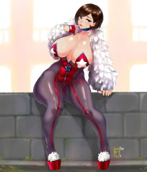 Rule 34 | 1girl, black legwear, blue eyes, bodysuit, breasts, brick wall, brown hair, choker, cleavage, closed mouth, collarbone, feather-trimmed sleeves, fingerless gloves, full body, gloves, half gloves, large breasts, legs, lips, long sleeves, looking at viewer, mole, mole under eye, original, shiny skin, short hair, sitting, solo, thick thighs, thighs, zcune