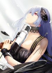 Rule 34 | 1girl, absurdres, black dress, blue hair, bracer, choker, closed mouth, dress, earrings, girls&#039; frontline, gun, highres, holding, holding gun, holding weapon, jewelry, long hair, looking up, nail polish, nakaryo0404, official alternate costume, purple eyes, red nails, scar, simple background, solo, thunder (black swan&#039;s dream) (girls&#039; frontline), thunder (girls&#039; frontline), weapon, wing hair ornament