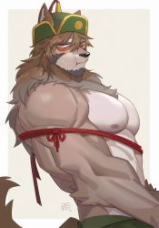 Rule 34 | 1boy, abs, anger vein, animal ears, bara, beige fur, blush, brown hair, cheek bulge, facial hair, fang, feeding, from side, furry, furry male, goatee, hachi duchi, hair between eyes, highres, large pectorals, long sideburns, male focus, mature male, muscular, muscular male, navel hair, nipples, pectorals, red ribbon, ribbon, short hair, sideburns, solo, stomach, temujin (housamo), tokyo houkago summoners, topless male, tusks, upper body, valentine, wolf boy, wolf ears
