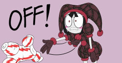 Rule 34 | 1girl, absurdres, angry, annoyed, black hair, blunt bangs, blush stickers, bodysuit, brown bodysuit, brown gloves, clenched teeth, clothes grab, constricted pupils, desperation, gloves, hat, hat bell, highres, hm artist, hunched over, jester, jester cap, motion lines, plaid bodysuit, plaid sash, pom pom (clothes), pomni (the amazing digital circus), puffy short sleeves, puffy sleeves, short sleeves, solo, teeth, the amazing digital circus, two-tone eyes, undressing, unworn clothes, wide-eyed
