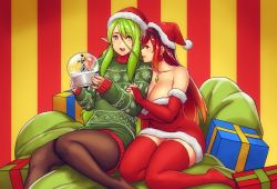 Rule 34 | 2girls, absurdres, borrowed character, box, breasts, christmas, christmas present, christmas sweater, clothes around waist, dress, elf, erkaz, female focus, gift, green hair, green sweater, highres, jewelry, karinka katyusha (erkaz), large breasts, lily (lele hitam1), multiple girls, necklace, original, pantyhose, pointy ears, red eyes, red hair, red legwear, red lips, ring, sack, santa dress, snow globe, sweater, sweater around waist, thighhighs, thighs, wedding band, wife and wife, yellow eyes