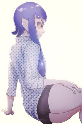 Rule 34 | 1girl, absurdres, arm support, ass, bike shorts, dress shirt, flat ass, highres, inkling, inkling girl, inkling player character, long hair, nintendo, personification, pointy ears, puchiman, purple hair, shirt, simple background, sitting, solo, splatoon (series), splatoon 1, tentacle hair, white background, yellow eyes