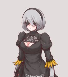 Rule 34 | 1girl, artist name, banana, blindfold, blush, breasts, cleavage, cleavage cutout, closed mouth, clothing cutout, disco brando, facing away, food, fruit, grey hair, hairband, highres, medium breasts, nier (series), nier:automata, short hair, smile, solo, standing, twitter username, 2b (nier:automata)
