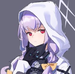 Rule 34 | 1girl, atsuko (blue archive), black gloves, blue archive, bow, closed mouth, frown, gloves, grey background, hair bow, halo, highres, holding, holding mask, hood, hood up, hooded jacket, jacket, ken rqll, long hair, long sleeves, looking at viewer, mask, purple hair, red eyes, respirator, simple background, solo, white jacket