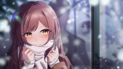 Rule 34 | 1girl, absurdres, blurry, blurry foreground, blush, brown coat, brown hair, closed mouth, coat, highres, idolmaster, idolmaster shiny colors, long hair, long sleeves, odecono3, osaki amana, portrait, scarf, smile, solo, straight hair, white scarf, winter, yellow eyes