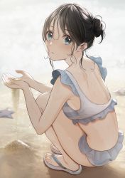 Rule 34 | 1girl, absurdres, bare shoulders, beach, bikini, black hair, blue eyes, breasts, closed mouth, cupping hands, frilled bikini, frills, hair bun, highres, huge filesize, looking at viewer, looking back, midriff, original, own hands together, sand, sidelocks, single hair bun, slippers, small breasts, solo, squatting, starfish, swimsuit, thighs, utaka (anyoanyot)
