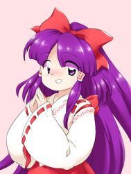 Rule 34 | 1girl, :d, blush, bow, eyes visible through hair, hair bow, hair tubes, hakurei reimu, hakurei reimu (pc-98), hands up, japanese clothes, kimono, long hair, long sleeves, miko, nonamejd, nose blush, official style, open mouth, parted bangs, pink background, purple eyes, purple hair, red bow, ribbon-trimmed sleeves, ribbon trim, simple background, smile, solo, steepled fingers, touhou, touhou (pc-98), very long hair, white kimono, wide sleeves, zun (style)