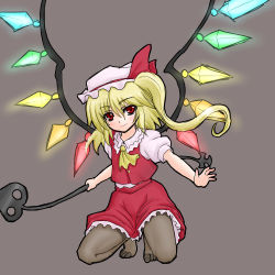 Rule 34 | 1girl, ascot, blonde hair, crystal, feet, female focus, flandre scarlet, full body, hat, kuro suto sukii, laevatein, one side up, pantyhose, ponytail, red eyes, short hair, short hair with long locks, side ponytail, solo, touhou, wings, yellow ascot