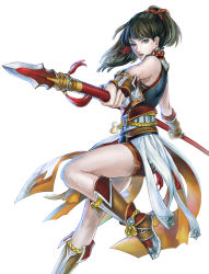 Rule 34 | 1girl, absurdres, bare shoulders, blue eyes, brown hair, crossing, highres, leg up, long hair, open mouth, original, polearm, ponytail, solo, spear, weapon, white background
