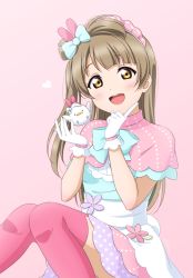 Rule 34 | 1girl, animal ears, blue bow, blush, bow, bowtie, brown hair, commentary, cosplay, cowboy shot, daisy, dress, flower, gloves, hair bow, hands up, heart, highres, layered skirt, long hair, love live!, maid headdress, minami kotori, minami kotori (bird), my melody, my melody (cosplay), one side up, onegai my melody, open mouth, pink background, pink flower, pink headwear, pink skirt, pink thighhighs, pointing, polka dot, purple flower, purple skirt, rabbit ears, sanrio, shiratama (siratama ll), simple background, sitting, skirt, smile, solo, teeth, thighhighs, tongue, upper teeth only, white dress, white gloves, yellow eyes