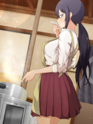 Rule 34 | 10s, 1girl, amaama to inazuma, apron, black hair, blue eyes, cooking, dutch angle, from side, highres, iida kotori, long hair, looking at viewer, looking back, low ponytail, ocza, pleated skirt, ponytail, pot, sidelocks, skirt, sleeves rolled up, solo, steam, tasting