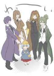 Rule 34 | 2boys, 3girls, aged down, ahoge, angela (project moon), asymmetrical hair, bag, black necktie, blue hair, blue shirt, blush, bow, bowtie, brooch, brown bow, brown bowtie, brown hair, child, closed eyes, coat, dainatsu, full body, green hair, hair bun, hairband, hand in pocket, hand up, hat, highres, hod (project moon), jewelry, kindergarten bag, kindergarten uniform, laughing, library of ruina, long hair, long sleeves, malkuth (project moon), multiple boys, multiple girls, name tag, necktie, netzach (project moon), open collar, own hands together, pleated skirt, project moon, purple coat, purple hair, red hairband, red skirt, school hat, shirt, single hair bun, skirt, smock, standing, undone necktie, white background, white shirt, yellow eyes, yellow headwear, yesod (project moon)