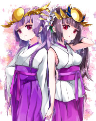 Rule 34 | 2girls, :o, blush, breasts, brown hair, closed mouth, commentary request, flower, hair flower, hair ornament, hakama, hakama skirt, hand in own hair, headpiece, highres, japanese clothes, kimono, long hair, long sleeves, medium breasts, multiple girls, obi, parted lips, pikomarie, ponytail, purple eyes, purple hair, purple hakama, puzzle &amp; dragons, sash, short kimono, skirt, sleeveless, sleeveless kimono, sleeves past fingers, sleeves past wrists, tsukuyomi (p&amp;d), twintails, very long hair, white background, white flower, white kimono, wide sleeves, yomi (p&amp;d)