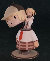 Rule 34 | 1girl, 3d, blender (medium), blonde hair, blue eyes, brown headwear, closed mouth, commentary, dark background, english commentary, full body, highres, hololive, hololive english, looking at viewer, medium hair, necktie, perfectobox, red necktie, shirt, short sleeves, smol ame, solo, standing, suspenders, virtual youtuber, watson amelia, white shirt