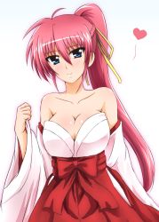 Rule 34 | 1girl, bare shoulders, blue eyes, breasts, cleavage, diesel-turbo, japanese clothes, large breasts, long hair, lyrical nanoha, mahou shoujo lyrical nanoha, mahou shoujo lyrical nanoha a&#039;s, pink hair, ponytail, voice actor connection, shimizu kaori, signum, solo