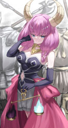 Rule 34 | 1girl, armor, aura (sousou no frieren), balance scale, black corset, black gloves, blue eyes, braid, breasts, cleavage, clothing cutout, corset, demon girl, demon horns, elbow gloves, gloves, gold necklace, grabbing own hair, hair between eyes, hands in own hair, highres, holding scale, horns, jewelry, large breasts, long hair, low-braided long hair, multiple braids, navel, navel cutout, necklace, open mouth, pink hair, skirt, smile, sousou no frieren, twin braids, waist cape, weighing scale, white skirt