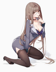 Rule 34 | 1girl, absurdres, ass, belt collar, black thighhighs, bra, breasts, brown eyes, brown hair, collar, eyebrows hidden by hair, finger to mouth, formal, glasses, highres, lekou, long hair, looking at viewer, office lady, original, simple background, skirt, smile, solo, squatting, suit, thighhighs, underwear, white background
