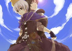 Rule 34 | 2boys, alchemist (ragnarok online), animal, animal on head, armor, assassin (ragnarok online), back-to-back, bandages, bird, bird on head, blue cape, blue sky, brown coat, brown eyes, brown gloves, brown hair, brown pants, cape, closed mouth, cloud, coat, commentary request, cowboy shot, gloves, hair between eyes, lens flare, locked arms, long sleeves, looking at viewer, multiple boys, on head, pants, pauldrons, purple pants, purple shirt, ragnarok online, red cape, sasai saki, shirt, short hair, shoulder armor, sky, sleeveless, sleeveless shirt, smile, two-sided cape, two-sided fabric, white hair, yaoi