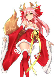 Rule 34 | 10s, absurdres, animal ears, antlers, blush, brown eyes, christmas, dress, fate/extra, fate (series), fox ears, fox tail, highres, horns, long hair, pink hair, rshow, smile, solo, tail, tamamo (fate), tamamo no mae (fate/extra), twintails, wolf ears