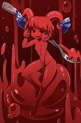 Rule 34 | 1girl, blood, blue bow, bow, commentary request, earrings, error, full body, holding spork, horn bow, horn ornament, horns, jewelry, looking at viewer, medium hair, monster girl, monsterification, nude, pointy ears, ringed eyes, sheep girl, sheep horns, short hair, slime girl, slimification, solo, touhou, toutetsu yuuma, v-shaped eyebrows, yachi0