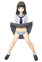 Rule 34 | 1girl, black eyes, black footwear, black hair, blouse, blue neckerchief, blue panties, blush, bow, bow panties, closed mouth, clothes lift, commentary, crotch seam, full body, grey sailor collar, grey skirt, highres, lifted by self, light frown, loafers, looking at viewer, maburu (lojyq1eur3e8bit), medium hair, miniskirt, navel, neckerchief, original, panties, pleated skirt, sailor collar, school uniform, serafuku, shirt, shoes, short sleeves, simple background, skirt, skirt lift, socks, solo, spread legs, standing, underwear, white background, white shirt, white socks