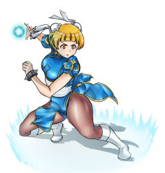 Rule 34 | 1girl, alternate costume, aura, blonde hair, blue dress, boots, bracelet, breasts, brown pantyhose, bun cover, busan no hamaguchi, capcom, china dress, chinese clothes, chun-li, chun-li (cosplay), commentary request, cosplay, cross-laced footwear, double bun, dress, earrings, fighting stance, fukuda noriko, full body, hair bun, highres, idolmaster, idolmaster million live!, idolmaster million live! theater days, jewelry, knee boots, orb, pantyhose, pelvic curtain, puffy short sleeves, puffy sleeves, sash, short hair, short sleeves, simple background, solo, spiked bracelet, spikes, standing, street fighter, thick thighs, thighs, white background, white footwear, yellow eyes