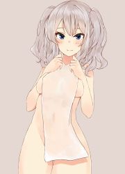 Rule 34 | 10s, 1girl, bare shoulders, beige background, blue eyes, blush, breasts, closed mouth, covered navel, covering breasts, covering privates, cowboy shot, highres, hip focus, holding, kantai collection, kashima (kancolle), looking at viewer, midriff, naked towel, nude cover, sagusa (link 041), see-through, short hair, short twintails, sideboob, silver hair, simple background, smile, solo, standing, thigh gap, thighs, towel, twintails, wavy hair, wet towel