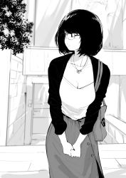 Rule 34 | 1girl, absurdres, bag, bob cut, breasts, cleavage, collarbone, cowboy shot, desyana laurentia, glasses, greyscale, handbag, highres, jewelry, large breasts, leaning forward, looking away, looking to the side, mole, mole on breast, mole under eye, monochrome, necklace, norman maggot, original, pursed lips, rimless eyewear, short hair, solo, v arms