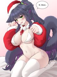 Rule 34 | 1girl, absurdres, animal ears, arknights, bikini, black hair, blush, breasts, cat ears, cat tail, commentary, gradient background, green eyes, hat, highres, jessica (arknights), k0ng, large breasts, large tail, long hair, looking at viewer, navel, no shoes, open mouth, pink background, ponytail, red hat, santa hat, seiza, shrug (clothing), sitting, solo, speech bubble, stomach, swimsuit, tail, thighhighs, thighs, white background, white bikini, white thighhighs