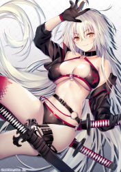 Rule 34 | 1girl, ahoge, bare shoulders, bikini, black bikini, black jacket, blush, breasts, choker, cleavage, collarbone, comiket 94, commentary request, cowboy shot, cropped jacket, fate/grand order, fate (series), hair between eyes, highres, holding, holding sword, holding weapon, jacket, jeanne d&#039;arc alter (swimsuit berserker) (fate), jeanne d&#039;arc (fate), jeanne d&#039;arc alter (fate), jeanne d&#039;arc alter (swimsuit berserker) (fate), katana, large breasts, long hair, looking at viewer, lying, o-ring, o-ring bikini, obiwan, on back, pale skin, sheath, shiny skin, shrug (clothing), single bare shoulder, smile, solo, swimsuit, sword, thigh strap, tile floor, tiles, weapon, yellow eyes