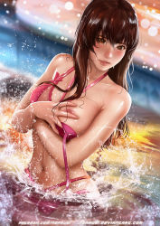 Rule 34 | 1girl, artist name, bikini, breasts, brown eyes, brown hair, covering privates, covering breasts, dead or alive, kasumi (doa), long hair, navel, nefrubi, nipple slip, nipples, parted lips, partially submerged, solo, swimsuit, water, watermark, web address, wet