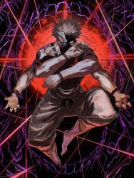 Rule 34 | 1boy, arm tattoo, black nails, brown hair, chest tattoo, extra arms, extra eyes, hands up, highres, jujutsu kaisen, kota 2kx, looking at viewer, male focus, pants, red background, red eyes, ryoumen sukuna (jujutsu kaisen), ryoumen sukuna (true form) (jujutsu kaisen), short hair, solo, tattoo, topless male, white pants