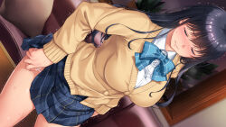 Rule 34 | 1girl, airy socks, black hair, blazer, blush, bow, bowtie, breasts, closed eyes, couch, embarrassed, eyebrows hidden by hair, female focus, highres, indoors, jacket, large breasts, legs, long hair, nose blush, original, panties, panty pull, pulling own clothes, school uniform, skirt, solo, standing, tears, thighs, trembling, tsugunawasare kanojo ga, subete wo ushinau hi, underwear, undressing