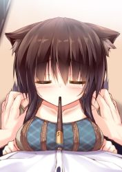 Rule 34 | 1boy, 1girl, animal ears, blush, breast press, breasts, brown hair, cat ears, close-up, closed eyes, collarbone, food, hands on another&#039;s shoulders, long hair, mia flatpaddy, original, pocky, pocky day, pov, syroh