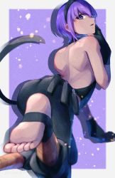 Rule 34 | 1girl, bare shoulders, black gloves, black hairband, commentary request, dark-skinned female, dark skin, fate/grand order, fate (series), feet, fingerless gloves, from behind, gloves, hairband, hassan of serenity (fate), knife, looking at viewer, looking back, parted lips, purple background, purple eyes, purple hair, sheath, sheathed, short hair, solo, soraao0322, stirrup legwear, toeless legwear, two-tone background, white background