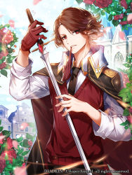 Rule 34 | 1boy, apple caramel, black necktie, brown hair, brown vest, collared jacket, collared shirt, commentary request, copyright name, copyright notice, day, diadein, flower, gem, glove in mouth, gloves, highres, holding, holding sword, holding weapon, jacket, long sleeves, looking at viewer, male focus, mole, mole under eye, mouth hold, necktie, official art, outdoors, over shoulder, pants, parted bangs, parted lips, rapier, red eyes, red flower, red gloves, red vest, rose, shirt, short hair, single glove, solo, sword, teeth, upper body, vest, weapon, white shirt