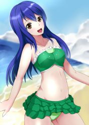 Rule 34 | 1girl, bare arms, bare legs, bare shoulders, beach, bikini, blue hair, breasts, cloud, cloudy sky, cowboy shot, fairy tail, green bikini, groin, hair between eyes, happy, highres, katekin koubou, legs, long hair, looking at viewer, medium breasts, navel, ocean, open mouth, outdoors, sand, sky, smile, solo, standing, swimsuit, thighs, water, wendy marvell, yellow eyes